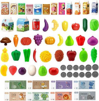 Jovow 98pcs Kids Shopping Cart Trolley Play Set with Pretend Food and Accessories,Perfect Pretend Play and Role-Playing Games ,Play Kitchen,Toy Kitchen,for 3 4 5 6 Year Old Girl Gifts (Rose Red)