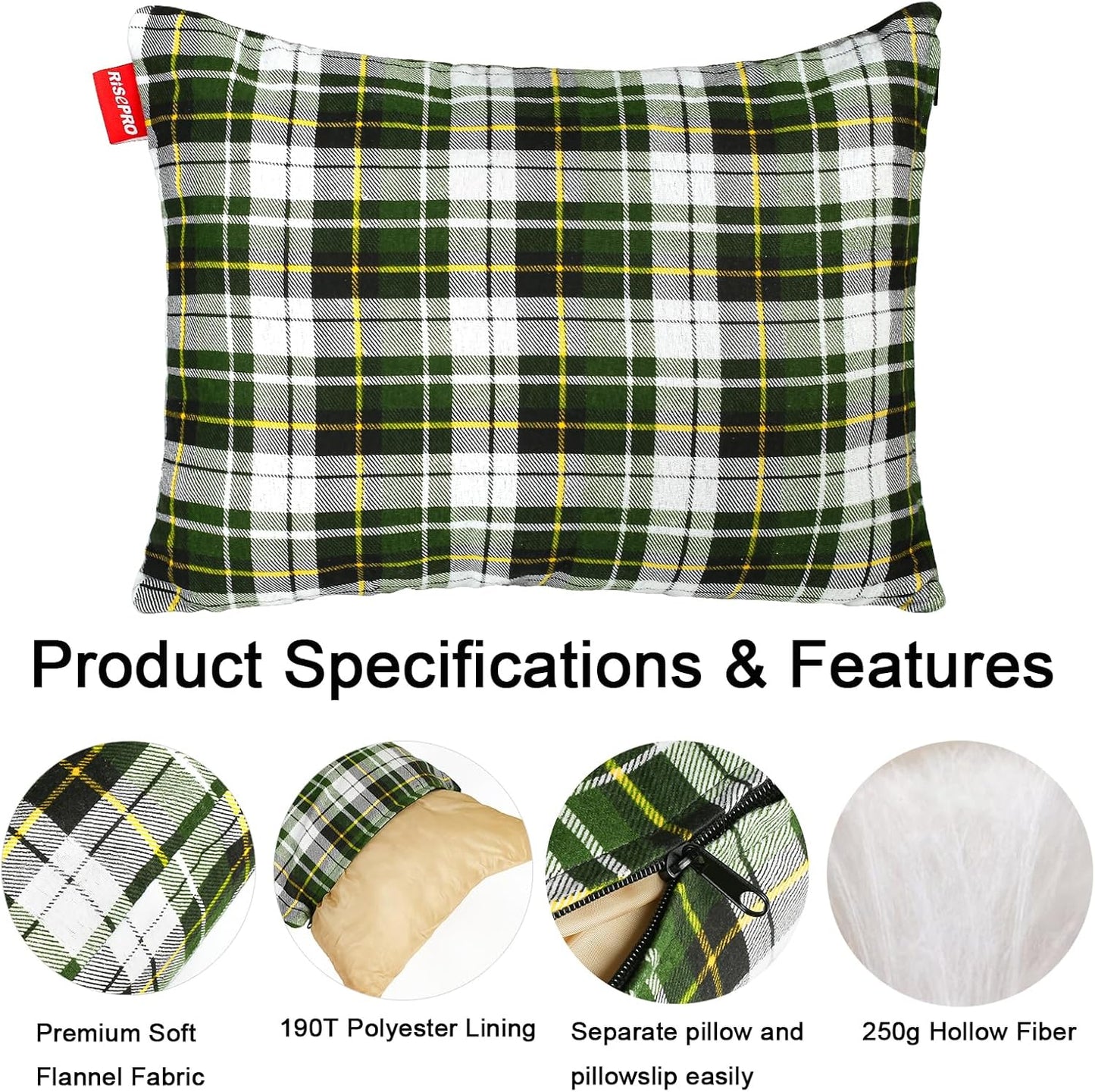 RISEPRO Outdoor Camping Pillow Lightweight, Compressible, Flannel Travel Pillow Cases, Washable Removable Pillow Cover Camping and Backpacking Green