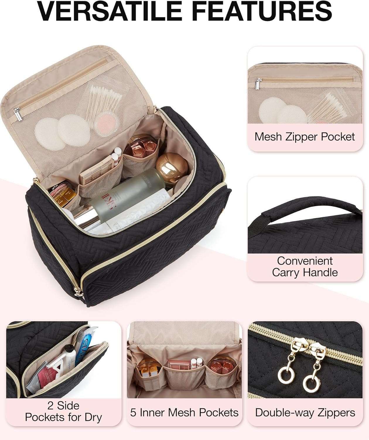 BAGSMART Travel Toiletry Bag, Large Wide-Open Travel Bag for Toiletries, Makeup Cosmetic Travel Bag with Handle, Black-L