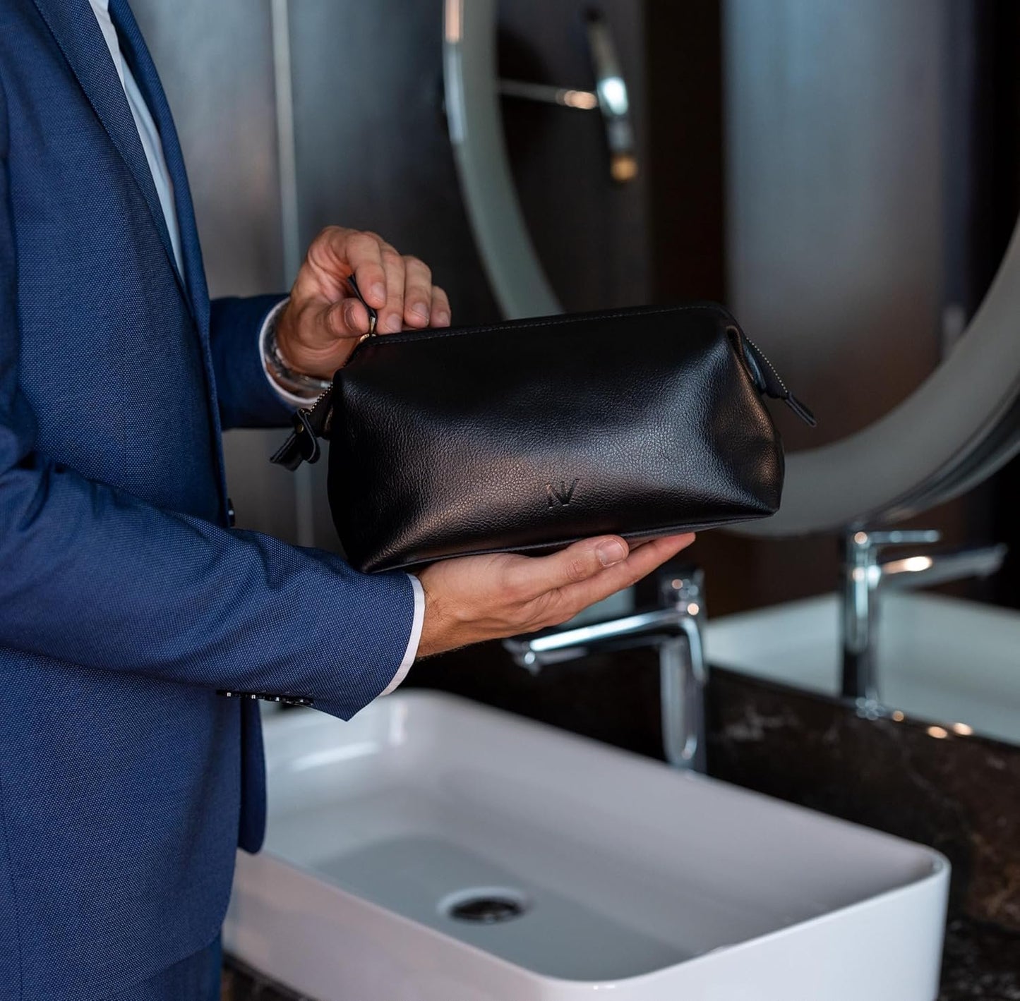NV Holders Premium Genuine Leather Toiletry Bag for Men - The Ultimate Travel Dopp Kit and Hygiene Organizer, Perfect Men's Toiletry Travel Bag, Black, Genuine Leather Toiletry Bag