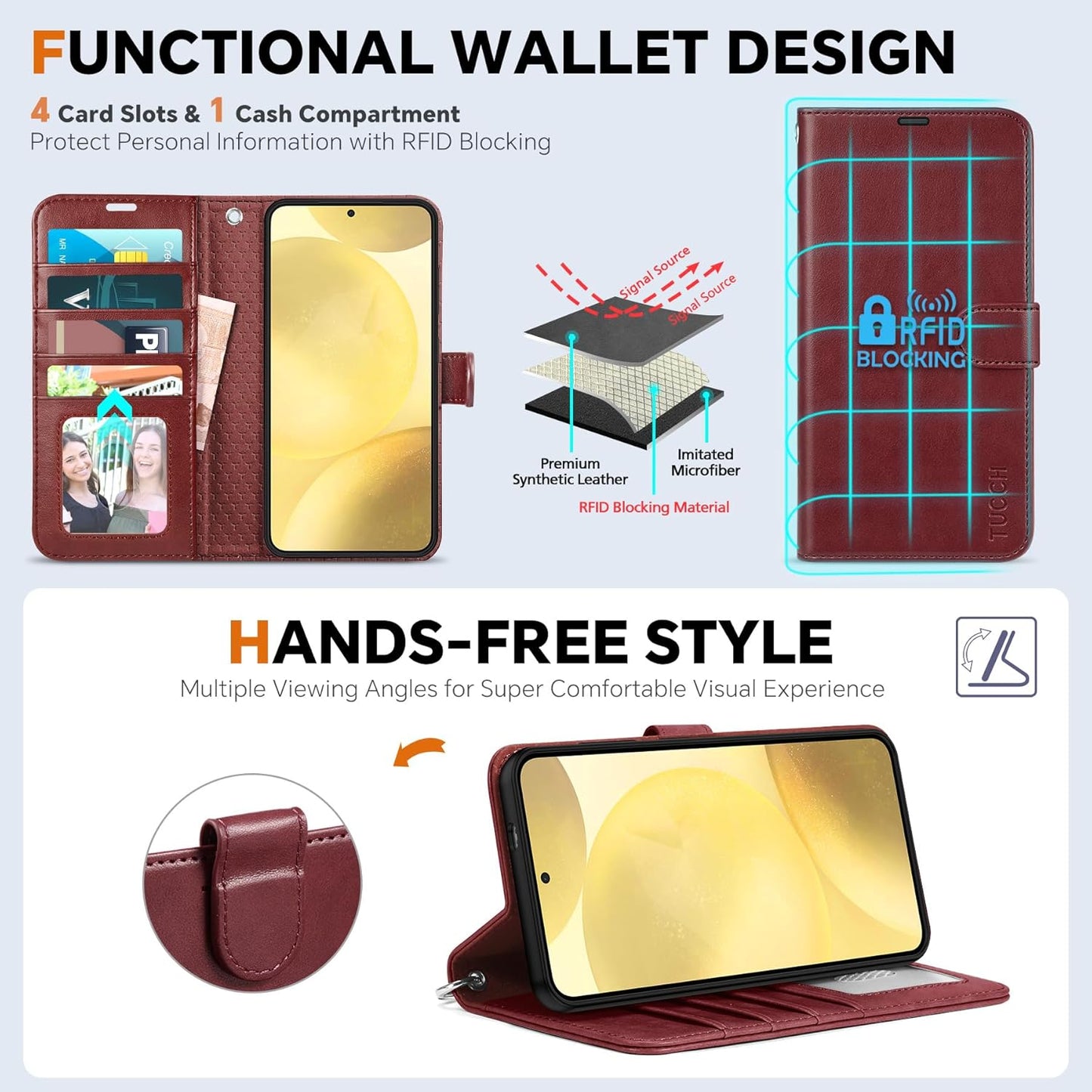 TUCCH Case for Galaxy S25 (6.2") 2025 5G, [Removable] 2 in 1 Wallet Stand Cover with[Wrist Strap][RFID Blocking][Wireless Charging][Card Holders] Shockproof Magnetic PU Leather Folding Case, Dark Red