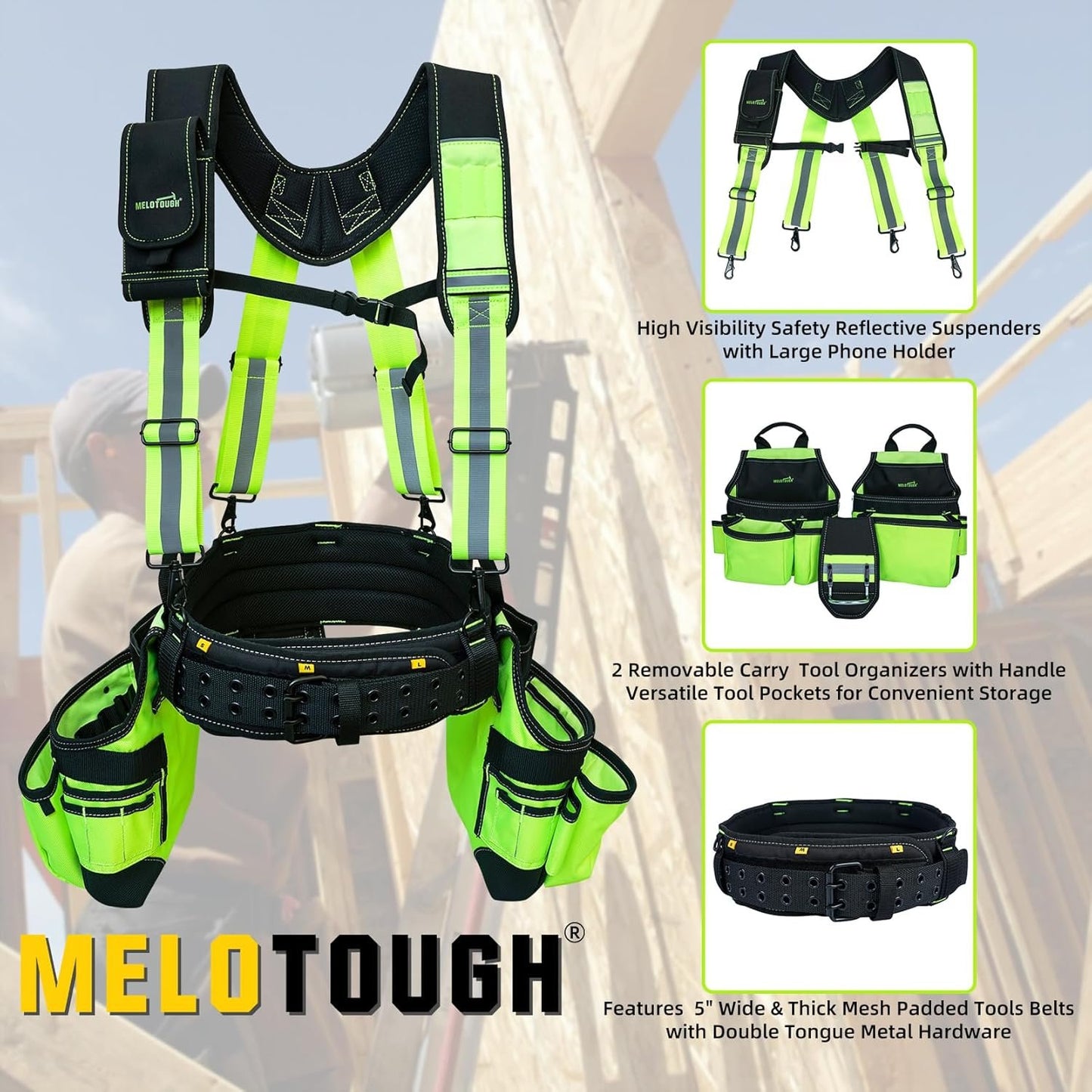 MELOTOUGH Reflective Safety Tool Belt with Suspenders Hi Vis Tool Bag Suspenders Tool Belt Construction Heavy Duty Work Suspension Rig (Hi Viz Lime)