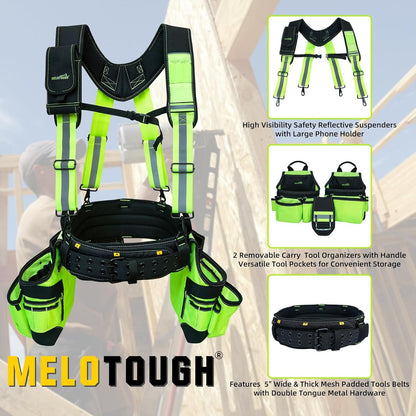 MELOTOUGH Reflective Safety Tool Belt with Suspenders Hi Vis Tool Bag Suspenders Tool Belt Construction Heavy Duty Work Suspension Rig (Hi Viz Lime)