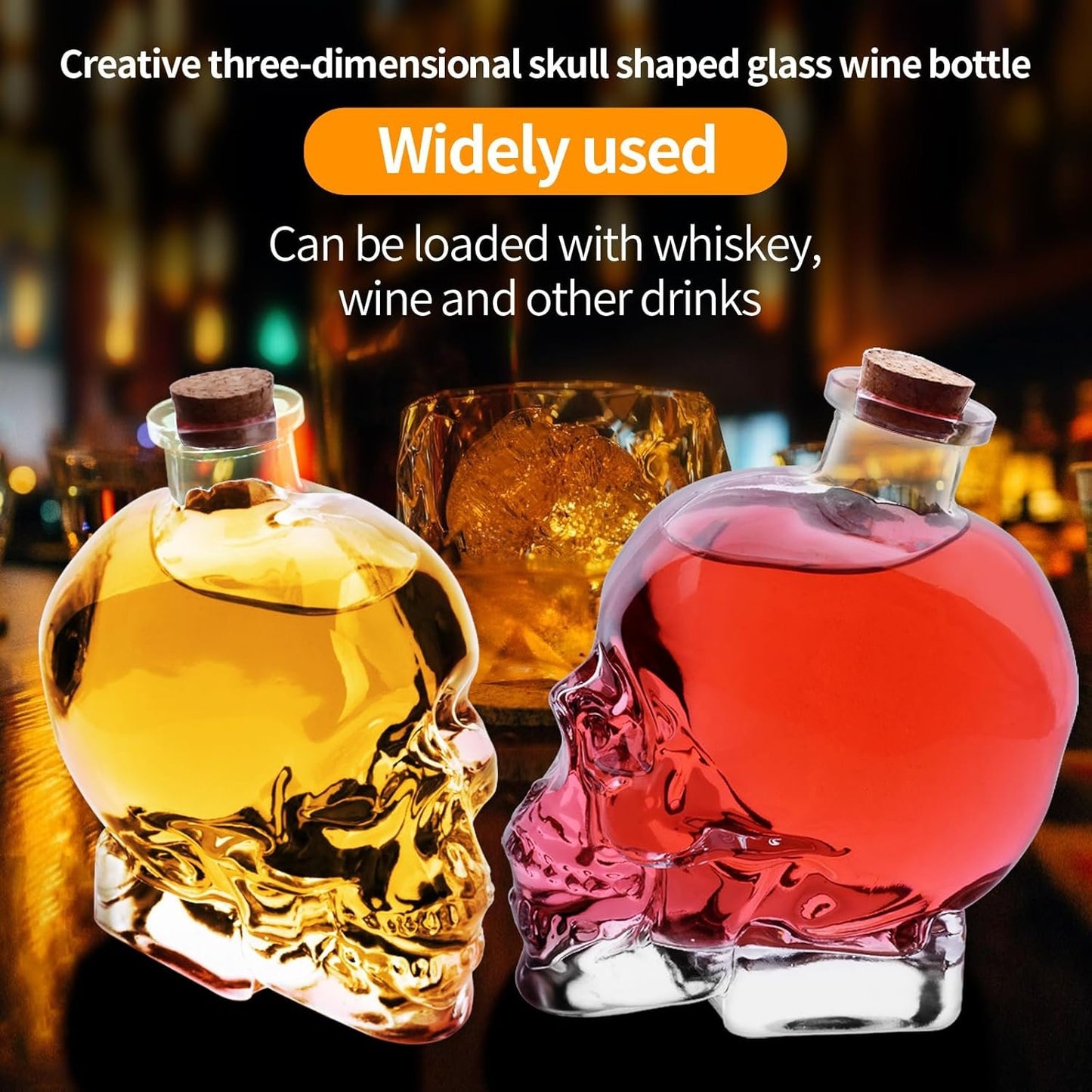 Skull Decanter Lead-free Glass Skull Prop Whiskey Bottle With Cork Stopper Halloween Decoration Novelty Drinkware 750ML (25OZ)