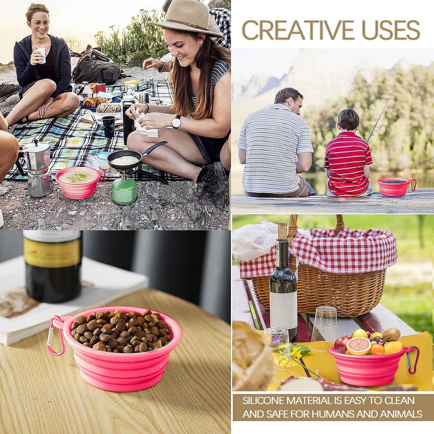 Collapsible Dog Bowl - Travel Dog Bowls with Lids & Carabiners, Portable Pet Bowls Silicone Feeding Watering Bowls Dish for Dogs Cats, 450ml/15oz Collapsable Doggy Bowl for Hiking Camping (Pink)