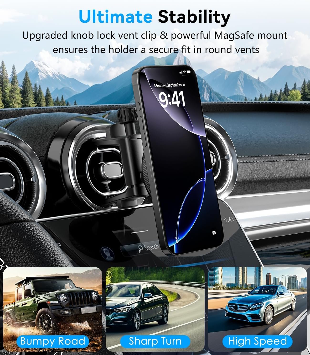 ALAFLY Compatible with Magsafe Car Mount for Mercedes Benz A/B/C/E/G/GLA/GLK/Mini Cooper Round Air Vent, Strong Magnetic Phone Holder for iPhone 16 15 14 13 12 Pro Max Plus Mini