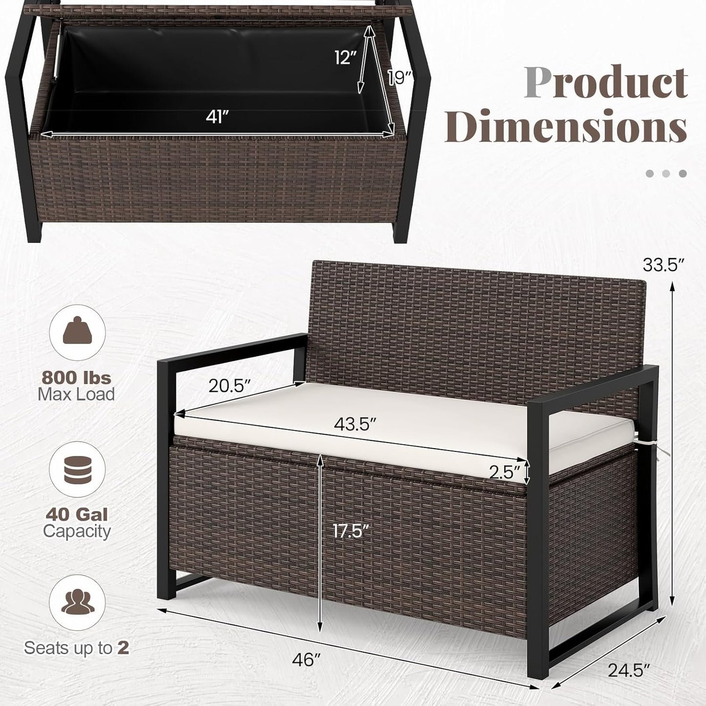 Tangkula 40 Gallon Outdoor Bench with Storage, Patio Wicker Storage Bench with Cushion, Cover, Metal Frame, Deck Box Seat for Backyard, Poolside, Balcony, Garden (Brown)