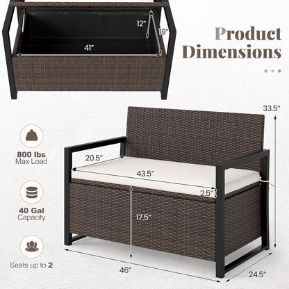 Tangkula 40 Gallon Outdoor Bench with Storage, Patio Wicker Storage Bench with Cushion, Cover, Metal Frame, Deck Box Seat for Backyard, Poolside, Balcony, Garden (Brown)