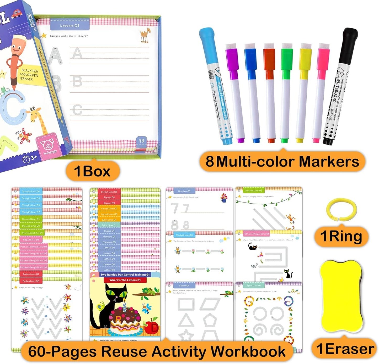 Hulupiggy Preschool Learning Activities 60 Reusable Pages, Tracing Letter Number Handwriting Practice Book for Kids, Montessori Autism Educational Fine Motor Toddler Learning Toys for 3 4 5 Year Olds