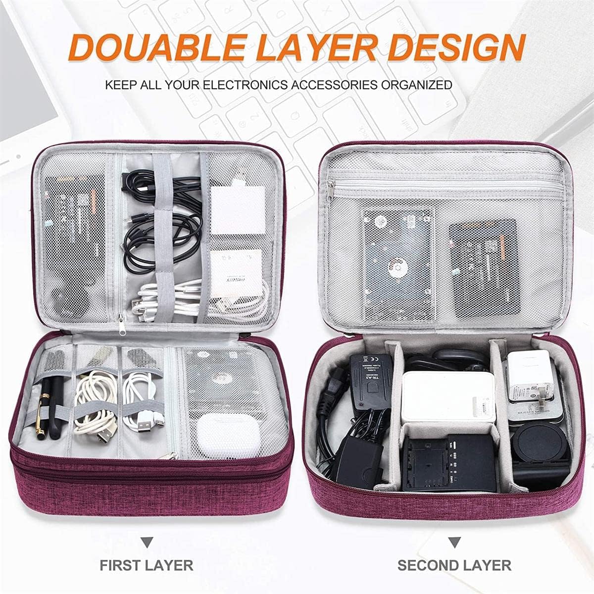Packing Cubes for Travel Electronics Devices Organizer, with 12 PCS Ties,Versatile Electronic Accessories Carrying Case for Toothbrushes,Charging Devices,Other Cordless Electrical Appliances Purple