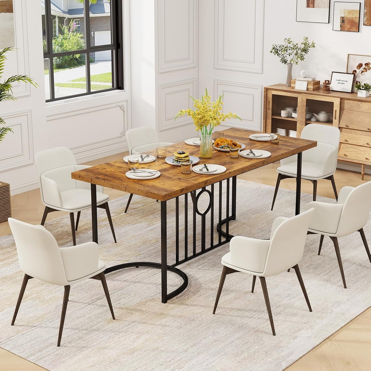 Giantex 180 cm Large Dining Table for 6-8 People, Farmhouse Rectangular Wood Kitchen Table w/Wooden Tabletop, Metal Frame, Industrial Rustic Brown Long Table for Home Office Dining Room, Load 135 KG