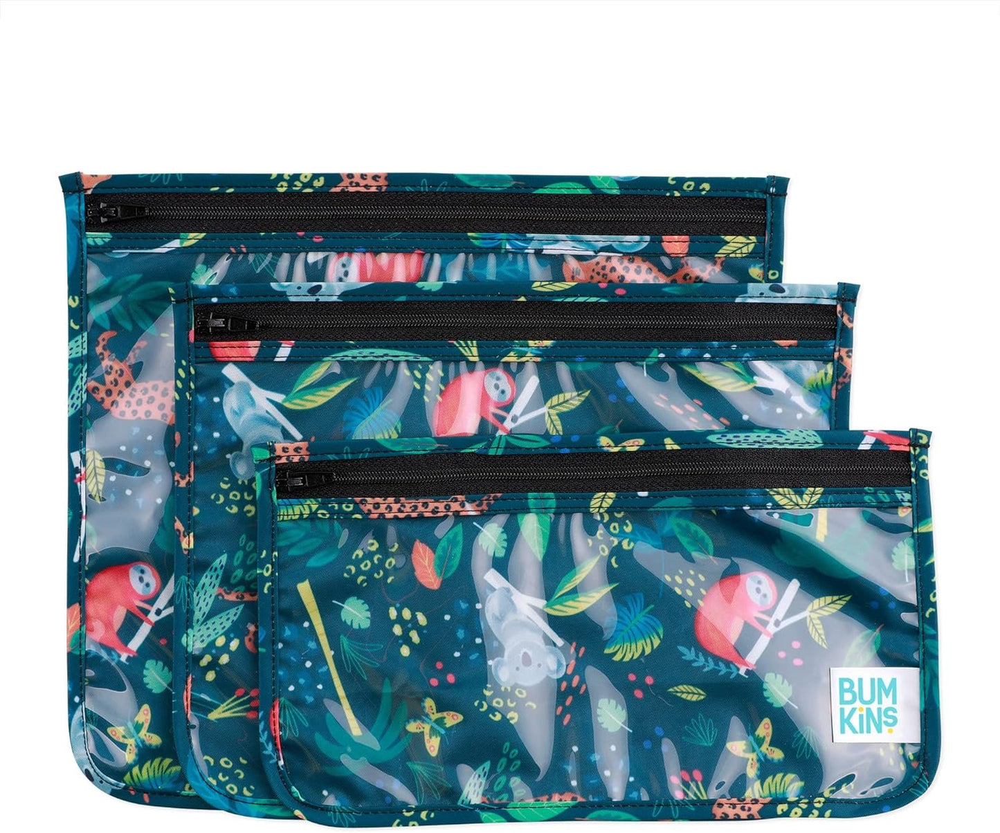 Bumkins Travel Bag, Toiletry, TSA Approved Pouch, Zip Bag, Quart Size Airline Compliant, Clear-Sided, Baby, Diaper Bag Organization, Makeup, Accessories, Packing, Set of 3 Sizes, Jungle