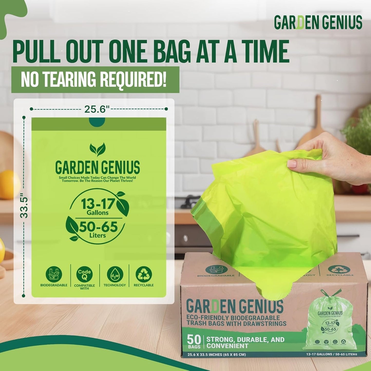 Biodegradable 13-17 Gallon Code-Q Kitchen Waste Bags (50 Pack) | Strong Heavy-Duty Tall Trash Bags w/Drawstring | Fits Simplehuman & Standard Cans | Eco-Friendly D2W, 30 Micron Thick | 25.6" x 33.5"