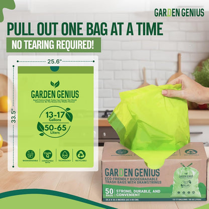 Biodegradable 13-17 Gallon Code-Q Kitchen Waste Bags (50 Pack) | Strong Heavy-Duty Tall Trash Bags w/Drawstring | Fits Simplehuman & Standard Cans | Eco-Friendly D2W, 30 Micron Thick | 25.6" x 33.5"
