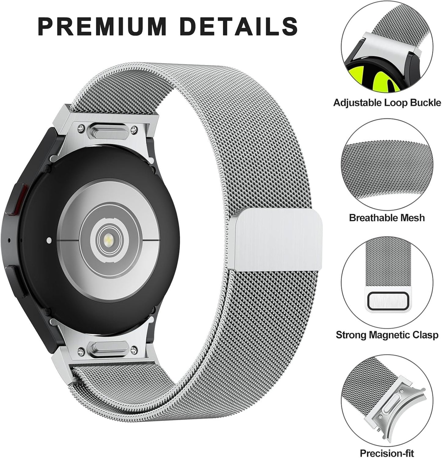 One Click No Gap Band for Samsung Galaxy Watch 7/6/5/4 Band 40mm 44m/Galaxy Watch 6 Classic Bands 43mm/47mm, Galaxy Watch 5 Pro Band 45mm, GalaxyWatch 4 Classic 42mm 46mm, Metal Band for Galaxy Watch 7/6/5/4/FE Band Women Men