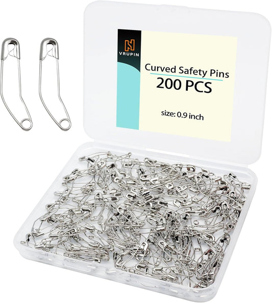 Generic Stainless Steel Curved Safety Pins for Quilting, Safety Pins Bulk Metal Silver Sewing Pins Clothing Clips Tool Decorative Safety pins (1.1inch-200pcs)