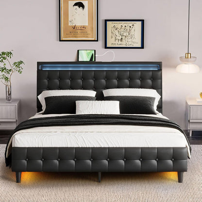 Luxsuite Queen Size Bed Frame Metal Mattress Base Wooden Platform Foundation with PU Leather Headboard BedHead Sleep Bedroom Furniture Black