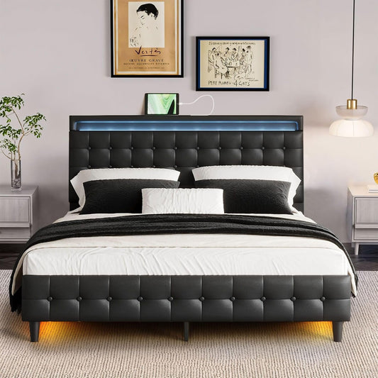 Luxsuite Queen Size Bed Frame Metal Mattress Base Wooden Platform Foundation with PU Leather Headboard BedHead Sleep Bedroom Furniture Black