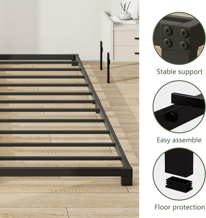 VERFARM 3 Inch Low Queen Size Bed Frame, Heavy Duty Metal Platform Bed Frame Queen, No Box Spring Needed, Sturdy Steel Slat Support, Easy Assembly, Black, Queen