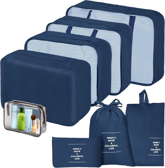Sarsumir Travel Suitcase Organizer, 8 Pieces Packing Cubes Organizer Suitcase Travel Organizer with Waterproof Bags Toiletry Clothes Shoes, Navy Blue