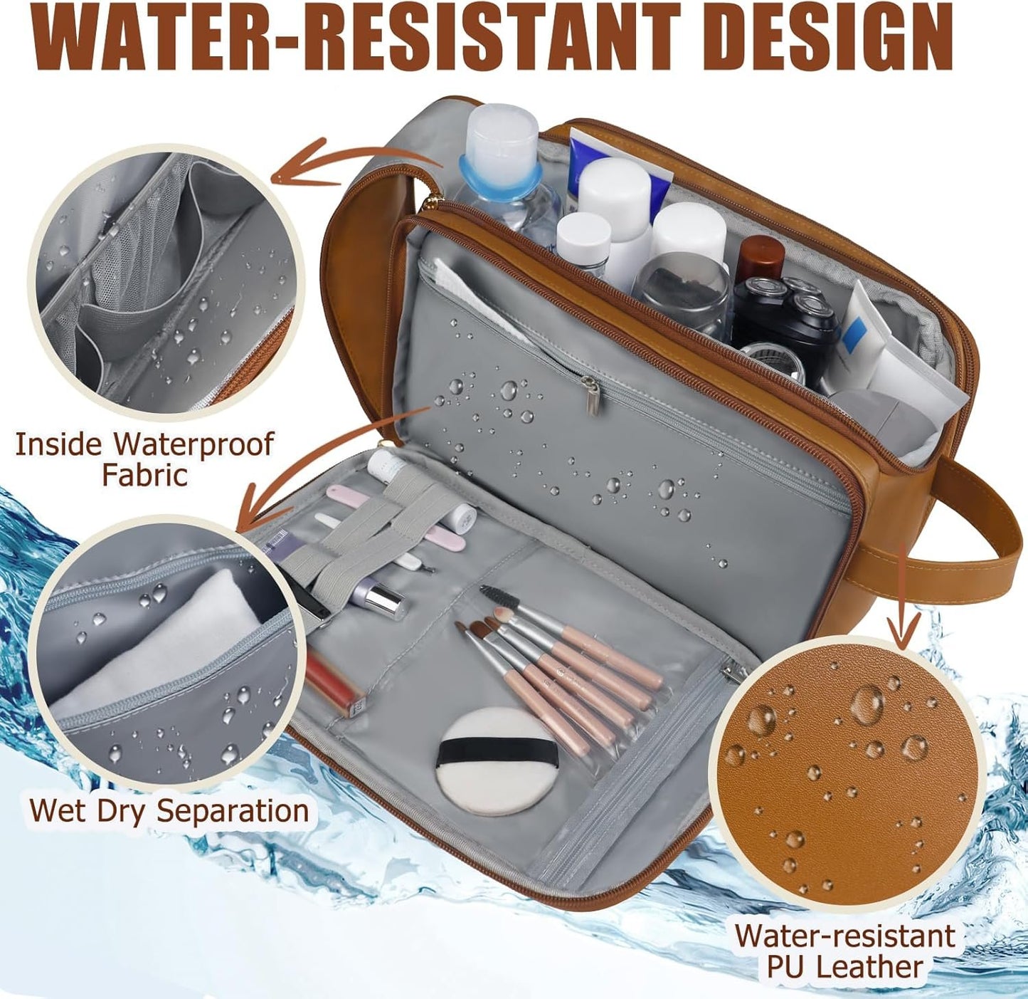 Gloppie Travel Size Toiletries Bag Large Capacity Toiletry Bag Toiletry Kit Hanging Travel Toiletry Organizer, Brown, Business, Travel, Leisure