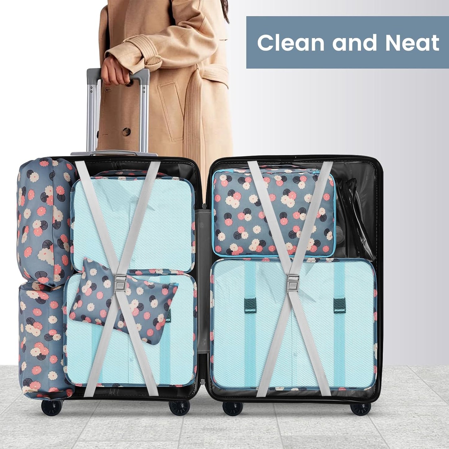 Sarsumir Travel Suitcase Organizer, 8 Pieces Packing Cubes Organizer Suitcase Travel Organizer with Waterproof Bags Toiletry Clothes Shoes, Blue Flower