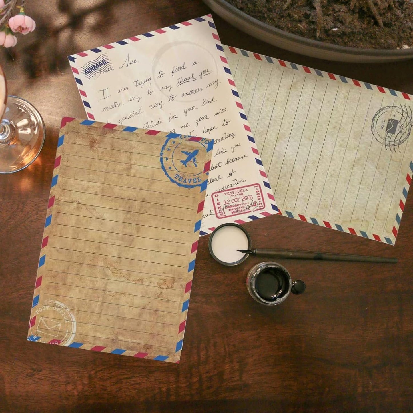 160 Pack Vintage Airmail Stationery Paper and Envelopes Set in 10 Different Designs, 50 One Sided Stationery Lined Writing Papers with 50 Matching Envelopes and 60 Dot Stickers for Writing Letters