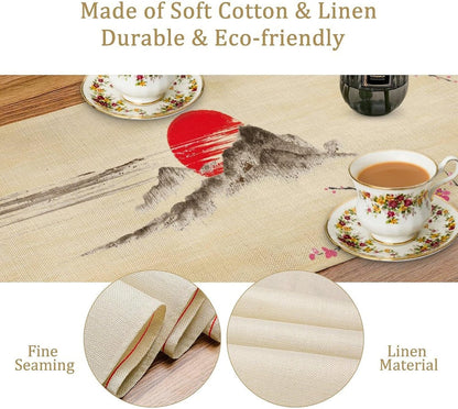 Japanese Cherry Blossom Table Runner Retro Spring Landscape Mountain Plum Floral Tabletop Decor Cover for Holiday Dining Room Party 13x120 Inch