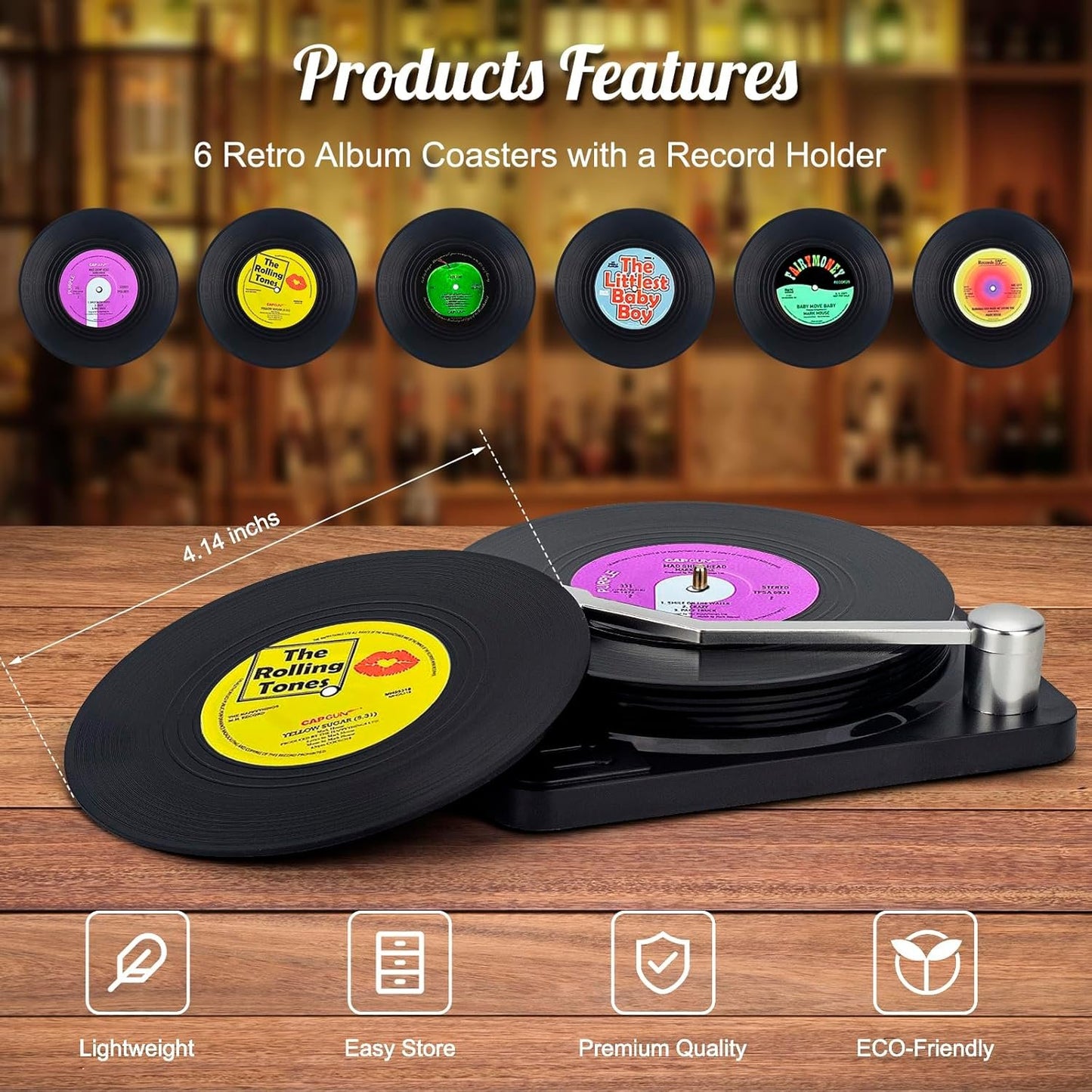 Valdivia Vinyl Record Coasters for Drinks with Records Player, Retro Album Coasters Set of 6, Funny Coasters and Cool Home Decor for Housewarming Gifts, Music Lovers Gifts, Wedding Registry Gift Ideas