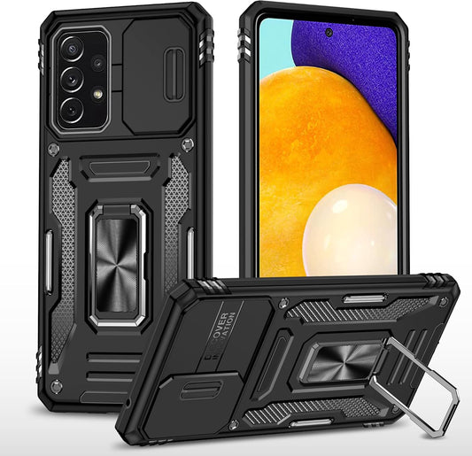 Ylzhe for Samsung Galaxy A52 5G/4G Case with Slide Camera Cover 360° Kickstand Ring Holder,Heavy Duty Protective Shockproof Phone Back Military Grade Protective Cover for Galaxy A52 5G/4G Black