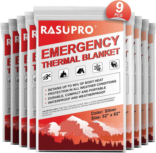 Rasupro 9 Pack Emergency Blankets, Outdoor Survival Emergency Insulated Gear, Mylar Thermal Space Insulated Blanket, Perfect for Camping, Hiking, Running, Marathon, Wilderness Rescue or First Aid