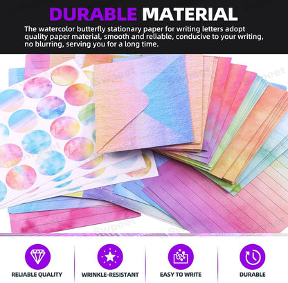 Swpeet 200Pcs 10 Designs Watercolor Stationery Set, Including 50pcs Watercolor Lined Stationery Paper, 50pcs Envelopes and 100 Stickers Ideal for Writing Poems Lyrics Wedding Invitations
