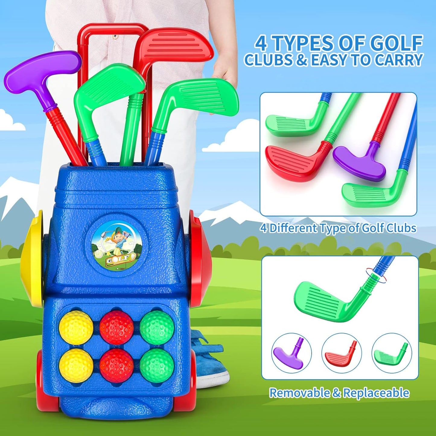 TEMI Toddler Golf Toy Set - Children Golf Suitcase Game Play Set & Sports Toys with 6 Play Balls, 4 Golf Clubs, 2 Practice Holes - Indoor and Outdoor Toys for 3 4 5 6 Year Old Boys Girls
