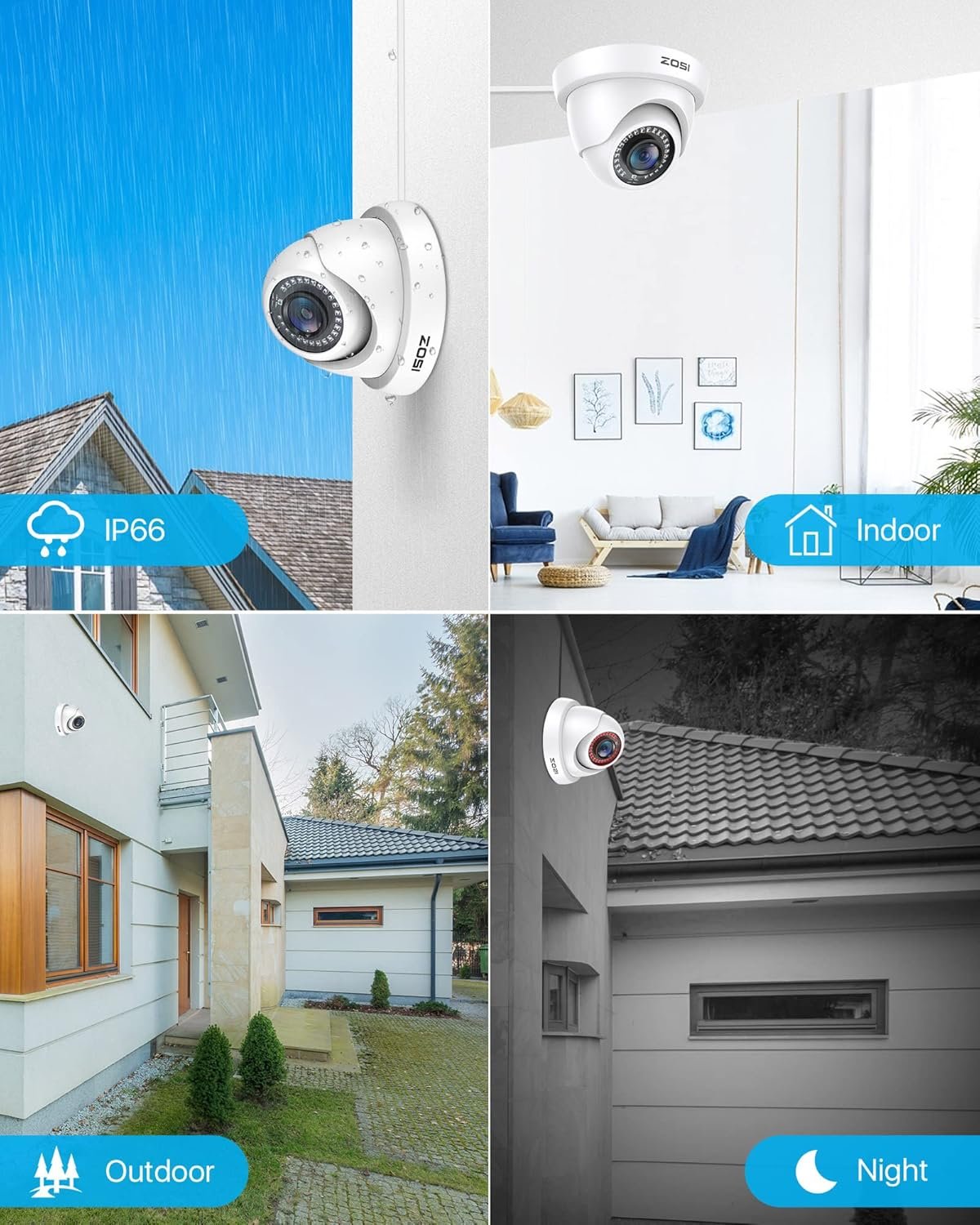 ZOSI 4 Pack 2MP Full HD TVI Outdoor Home Security Camera Set, 1920TVL IP66 Weatherproof CCTV 1080P Surveillance Camera for 4K/5MP/1080P TVI Analog DVR System, 80ft Night Vision