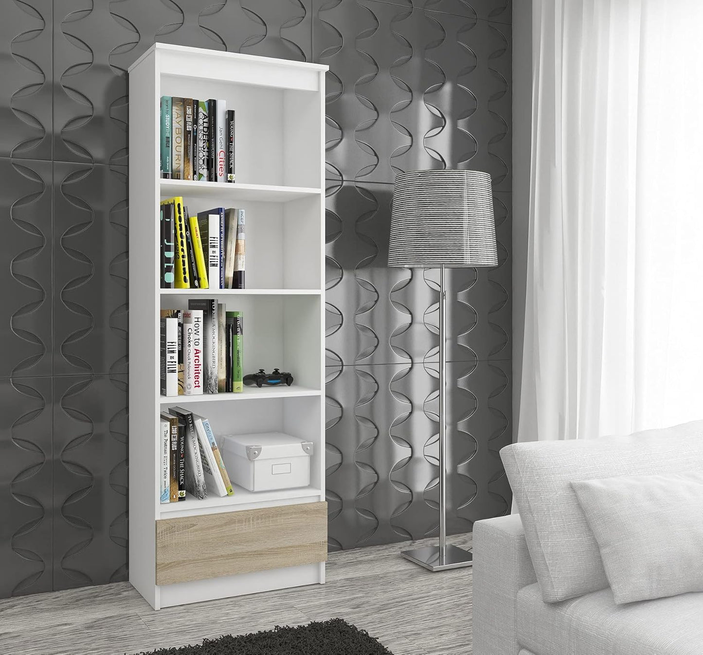 AKORD | Office Bookcase 60 cm | Cabinet with 1 Drawer 4 Shelves | Book Holder | Bedroom Cabinet | Living Room Shelf, Space-Saving | Wit/Sonoma