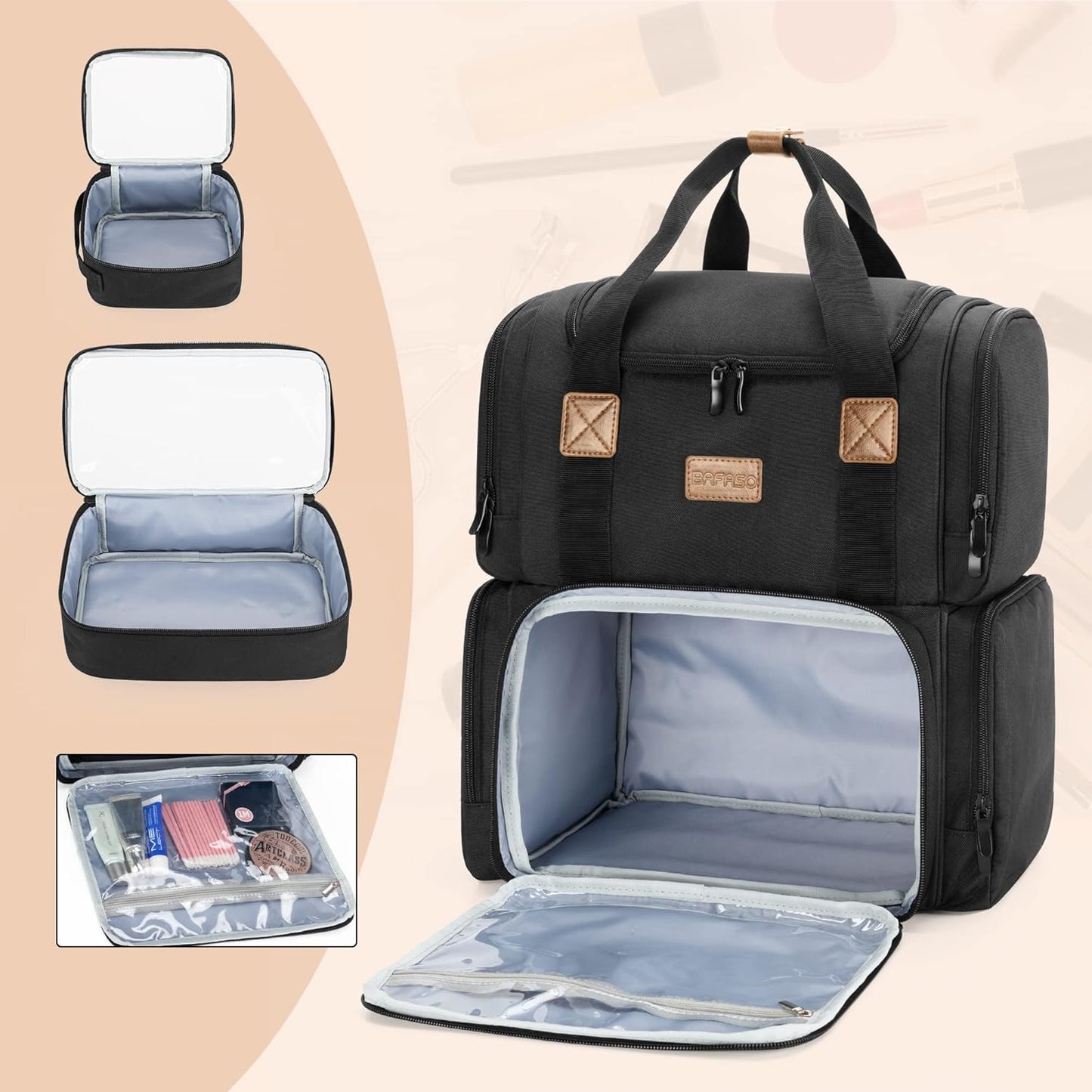 BAFASO Cosmetic Bag Backpack with 3 Removable Inner Pockets, Travel Makeup Bag with Multiple Pockets, Black