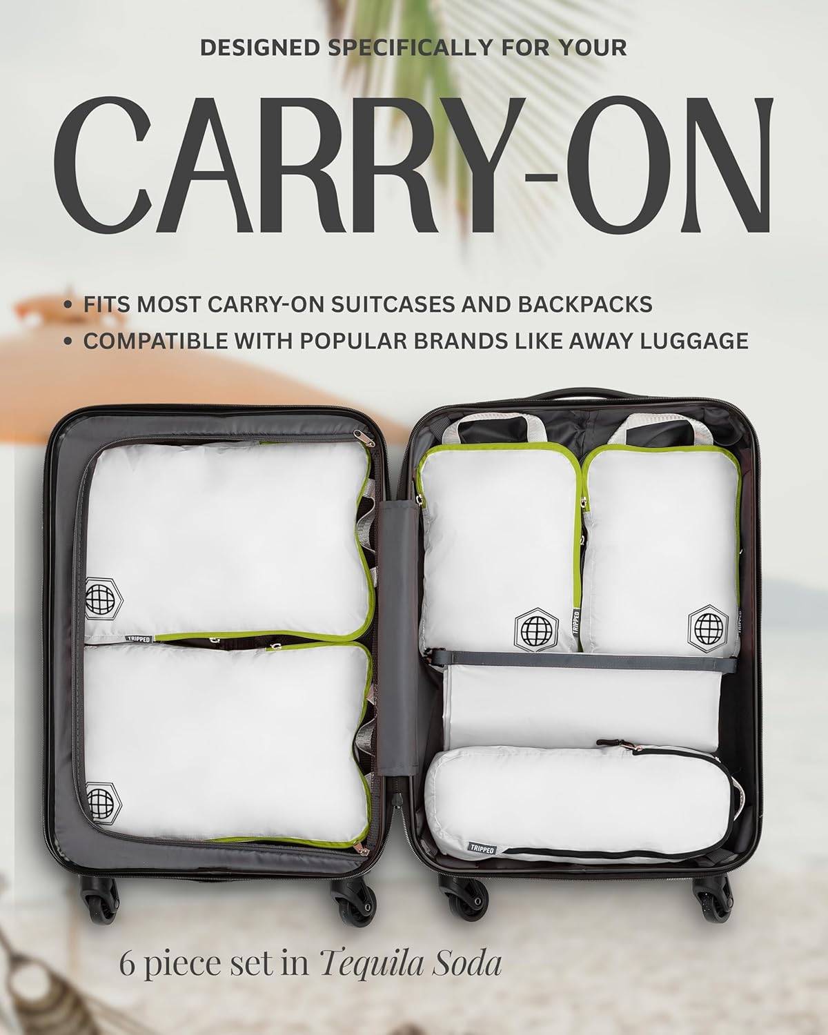 Compression Packing Cubes for Travel - Luggage and Backpack Organizer Packaging Cubes for Clothes (White and Green, 6 Piece Set), White/Green, 6Piece