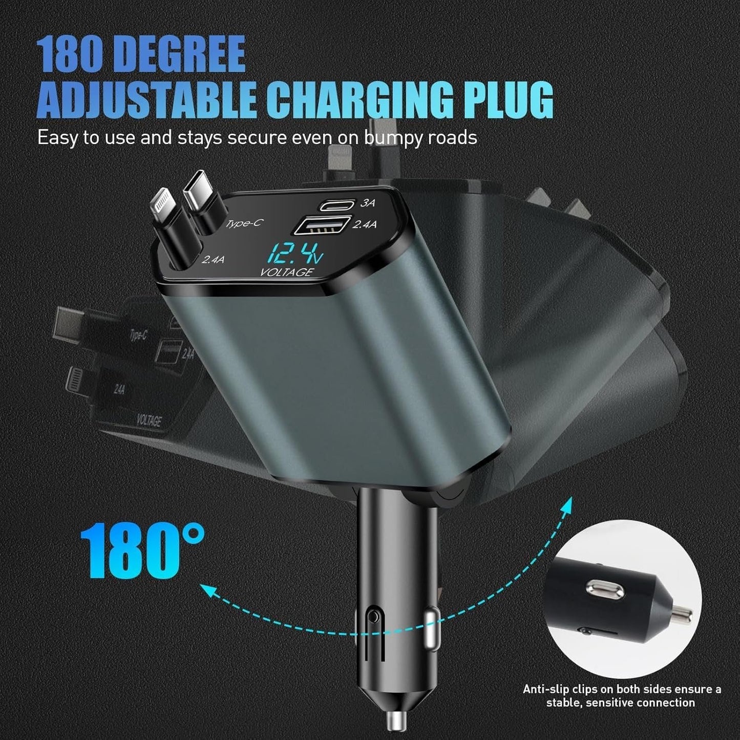 66W 4 in 1 Retractable Car Charger 12/24 V Adapter with Cables 60 cm for iPhone USB C, Cigarette Lighter Fast Charging for iPhone, Galaxy, Pixel, Huawei