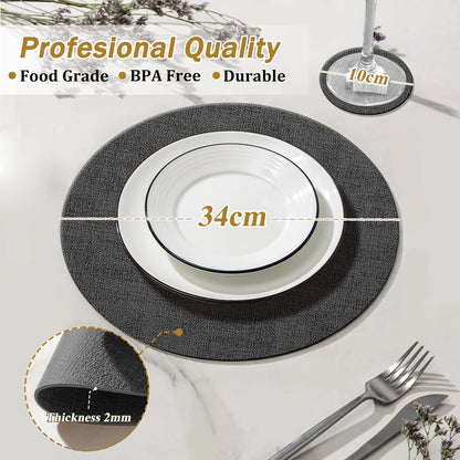 KERYCHIN Set of 4 Round Leather Placemats + 4 Coasters, Heat Resistant 100℃, Non-Slip Washable Decorative Accessories for Home, Hotel, Indoor, Dining Table, Black