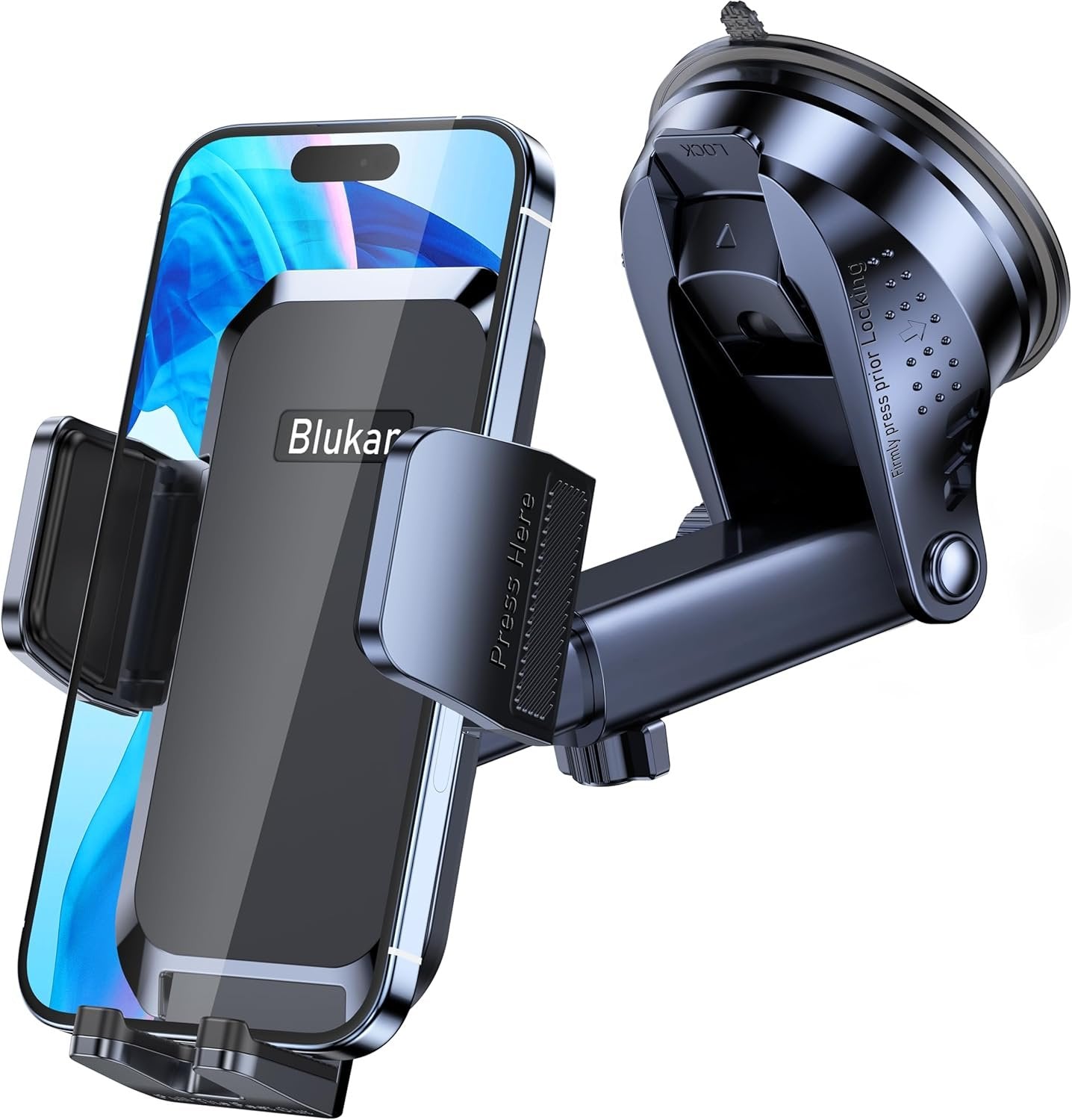 Blukar Phone Holder Car, [Upgraded Strong Suction] Adjustable Car Phone Holders Mount for Car Dashboard/Windscreen, 360°Rotation, One Button Release, Automobile Cradle for iPhone Android Smartphones