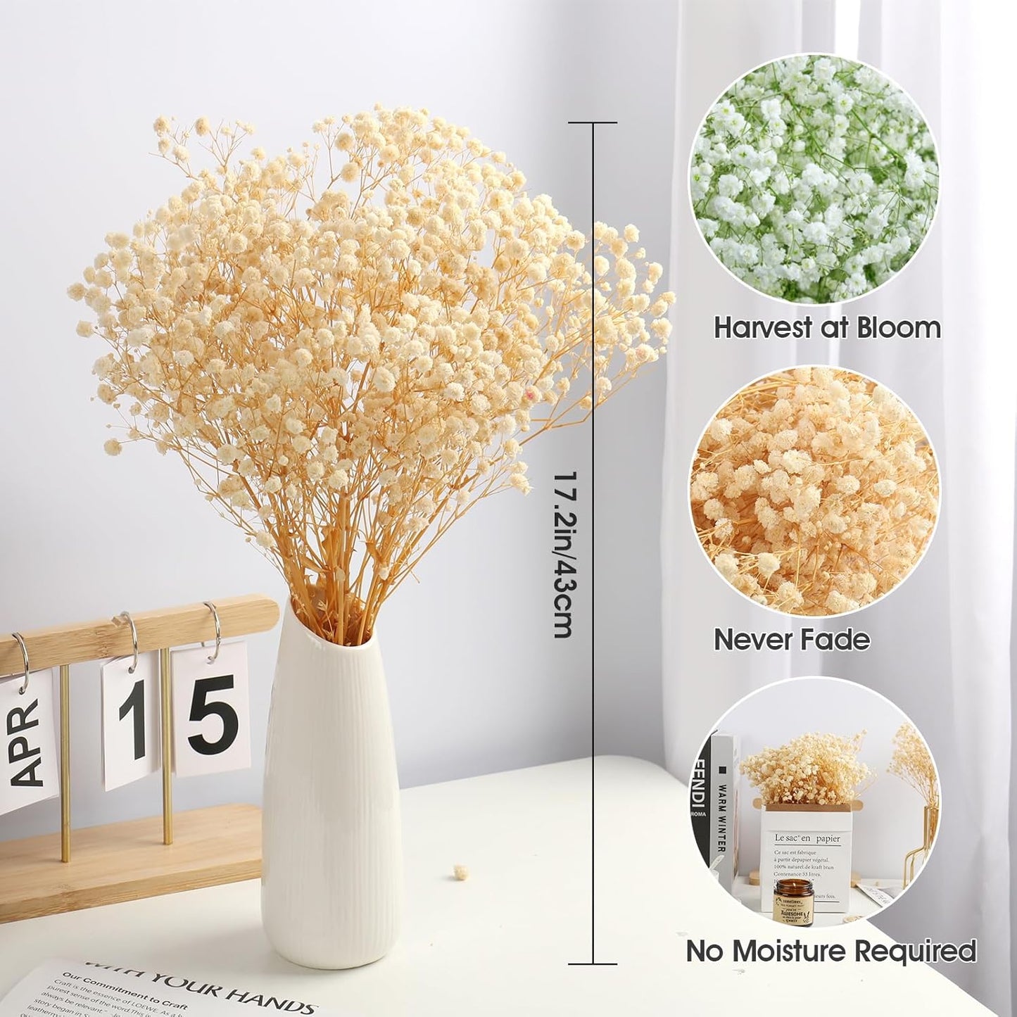 MIHUAGE Dried Baby’s Breath Flowers,17.5" 120g 3000 Ivory100% Natural Beige White Bundles with stem Gypsophila for Home Decorations Wedding DIY Arrangements Table Vase Decor.