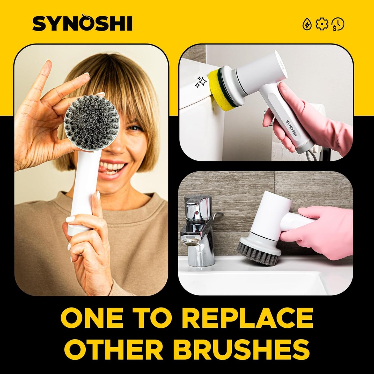 Synoshi Bathroom Set Electric Spin Scrubber with 3 Replaceable Cleaning Head + 2 Cone Brush Heads + 6 Sponge Brush Heads. Perfect for Hard to Reach Places and Smooth Surfaces in The Bathroom