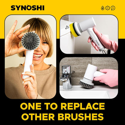 Synoshi Bathroom Set Electric Spin Scrubber with 3 Replaceable Cleaning Head + 2 Cone Brush Heads + 6 Sponge Brush Heads. Perfect for Hard to Reach Places and Smooth Surfaces in The Bathroom