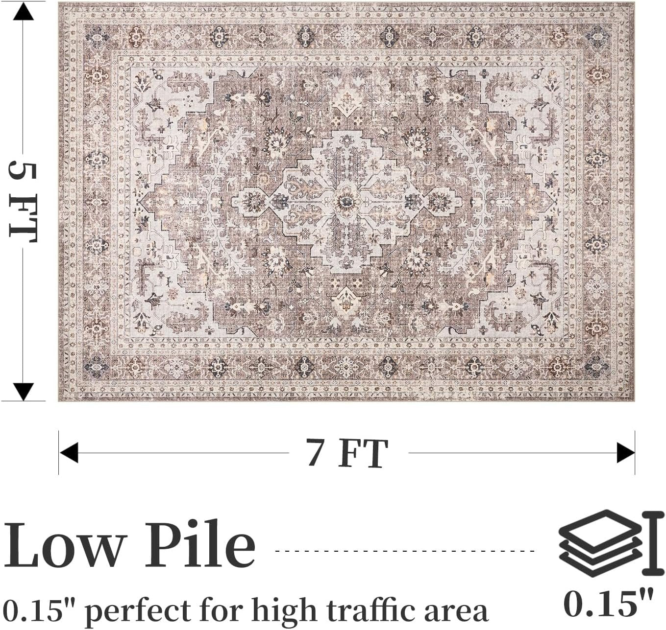 Area Rug for Living Room 5x7 Large Carpet-Machine Washable Vintage Traditional Rugs for Bedroom Dining Room Office Rug Non Slip Retro Taupe & Beige