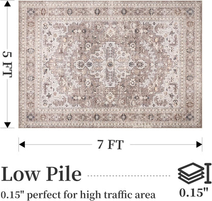 Area Rug for Living Room 5x7 Large Carpet-Machine Washable Vintage Traditional Rugs for Bedroom Dining Room Office Rug Non Slip Retro Taupe & Beige