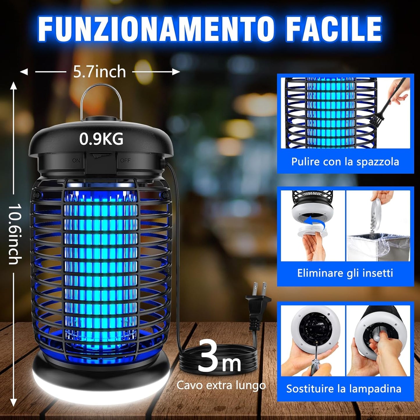 seenlast Electric Mosquito Killer Lamp, 15 W 4200 V UV Electric Mosquito Net with LED Light, IPX4 Waterproof, Non-Toxic and Ecological Mosquito Trap for Indoor Outdoor Garden (3 m Cable)
