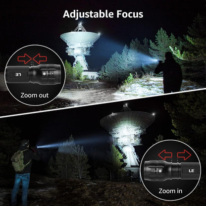 LE LED Torch, Super Bright Battery Powered Flashlight with Adjustable Focus, Waterproof, Handheld Tactical Mini Torches, Lightweight Flashlight for Emergency,Running, 3 AAA Batteries Included