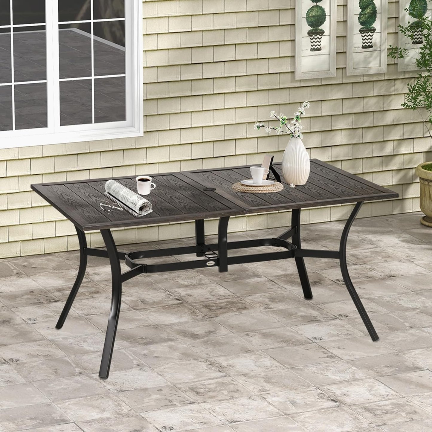 Outsunny 59 Inch Outdoor Dining Table for Six, Patio Table with Parasol Hole, Wood Grain Tabletop, Steel Frame, for Backyard, Garden, Balcony, Deck, Brown