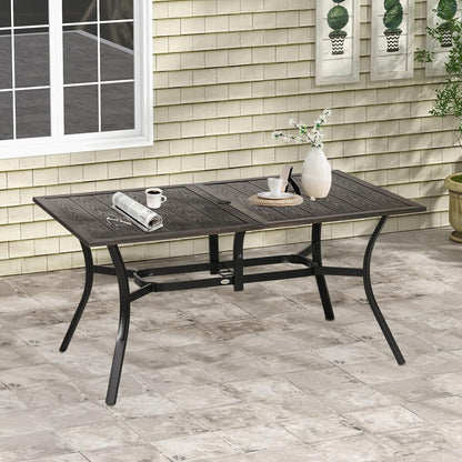 Outsunny 59 Inch Outdoor Dining Table for Six, Patio Table with Parasol Hole, Wood Grain Tabletop, Steel Frame, for Backyard, Garden, Balcony, Deck, Brown