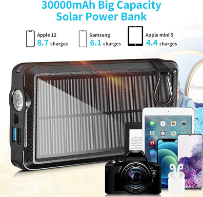 Solar Portable Power Bank Charge 6 phones at the Same Time 30000mAh Solar Charger With 4 wires and Wireless Charging Function LED Camping Lights External Battery Pack Outdoor Camping Equipment (Black)